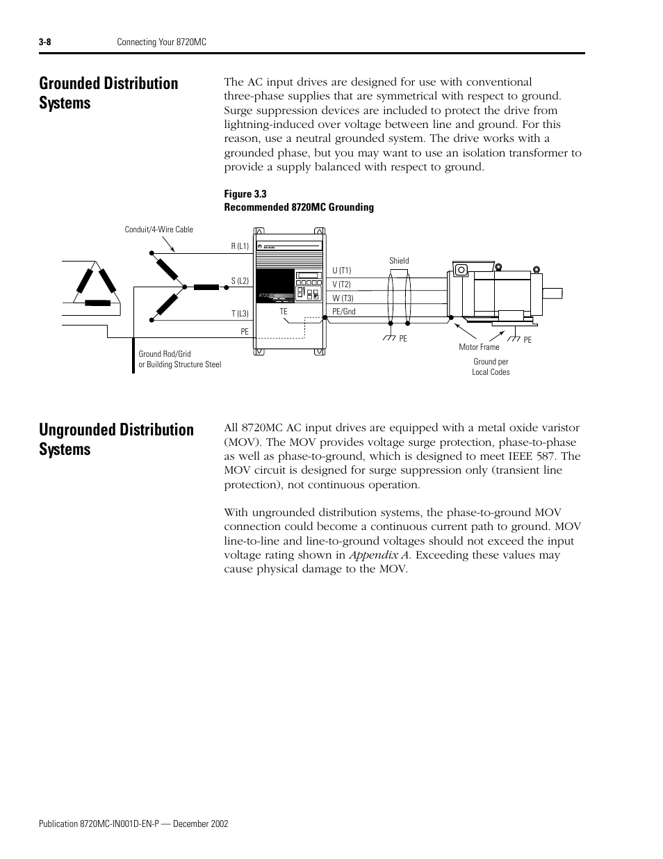 Grounded distribution systems, Ungrounded distribution systems | Rockwell Automation 8720MC High Performance Drives Installation Manual User Manual | Page 70 / 133