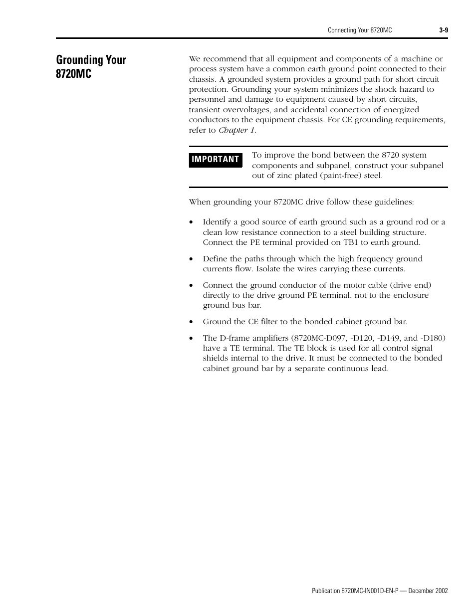 Grounding your 8720mc, Grounding your 8720mc -9 | Rockwell Automation 8720MC High Performance Drives Installation Manual User Manual | Page 71 / 133