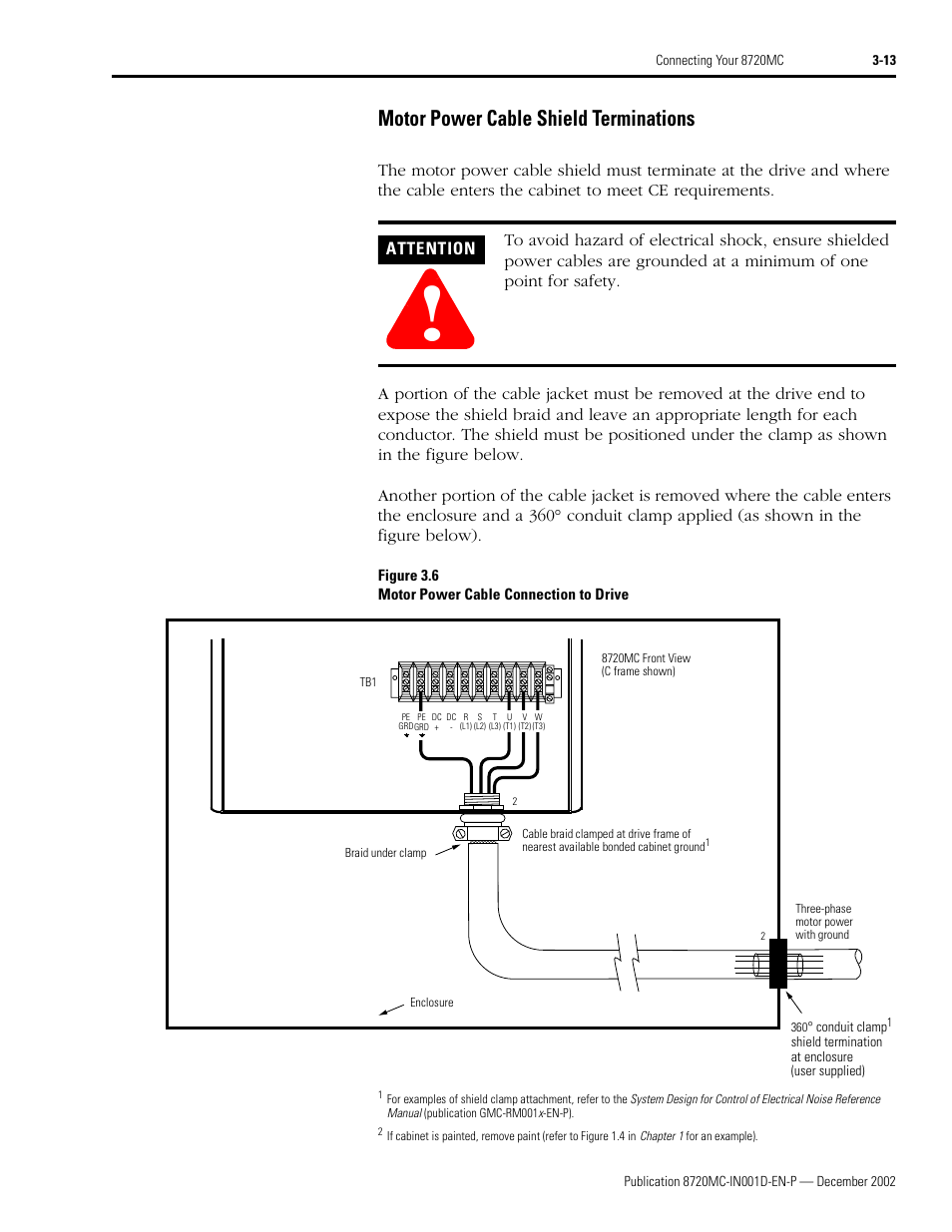Motor power cable shield terminations, Motor power cable shield terminations -13, Attention | Rockwell Automation 8720MC High Performance Drives Installation Manual User Manual | Page 75 / 133
