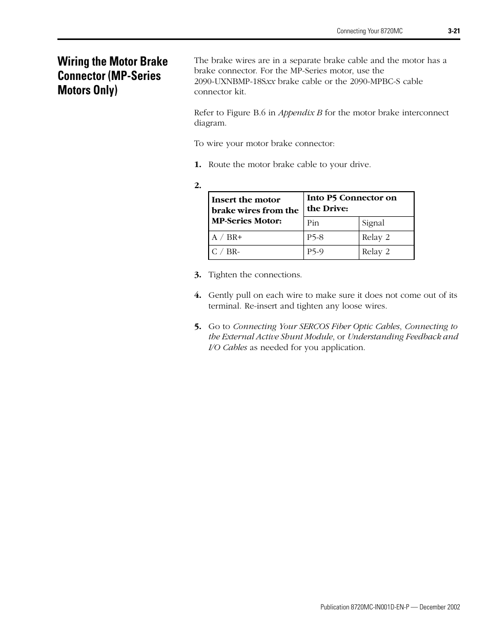 Wiring the motor brake connector, Mp-series motors only) -21 | Rockwell Automation 8720MC High Performance Drives Installation Manual User Manual | Page 83 / 133