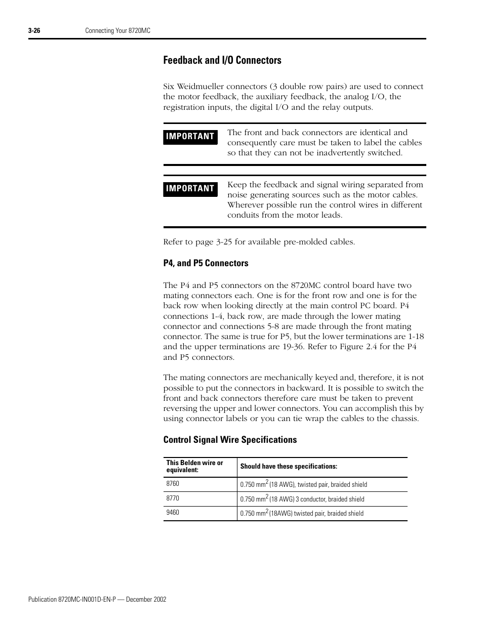 Feedback and i/o connectors, P4, and p5 connectors, Control signal wire specifications | Feedback and i/o connectors -26 | Rockwell Automation 8720MC High Performance Drives Installation Manual User Manual | Page 88 / 133