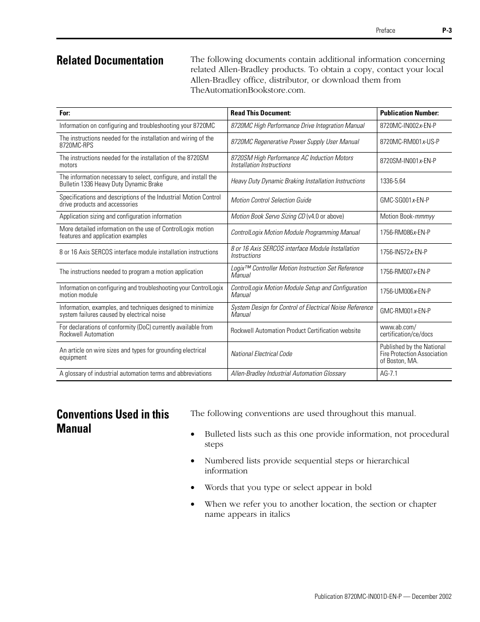 Related documentation, Conventions used in this manual | Rockwell Automation 8720MC High Performance Drives Installation Manual User Manual | Page 9 / 133