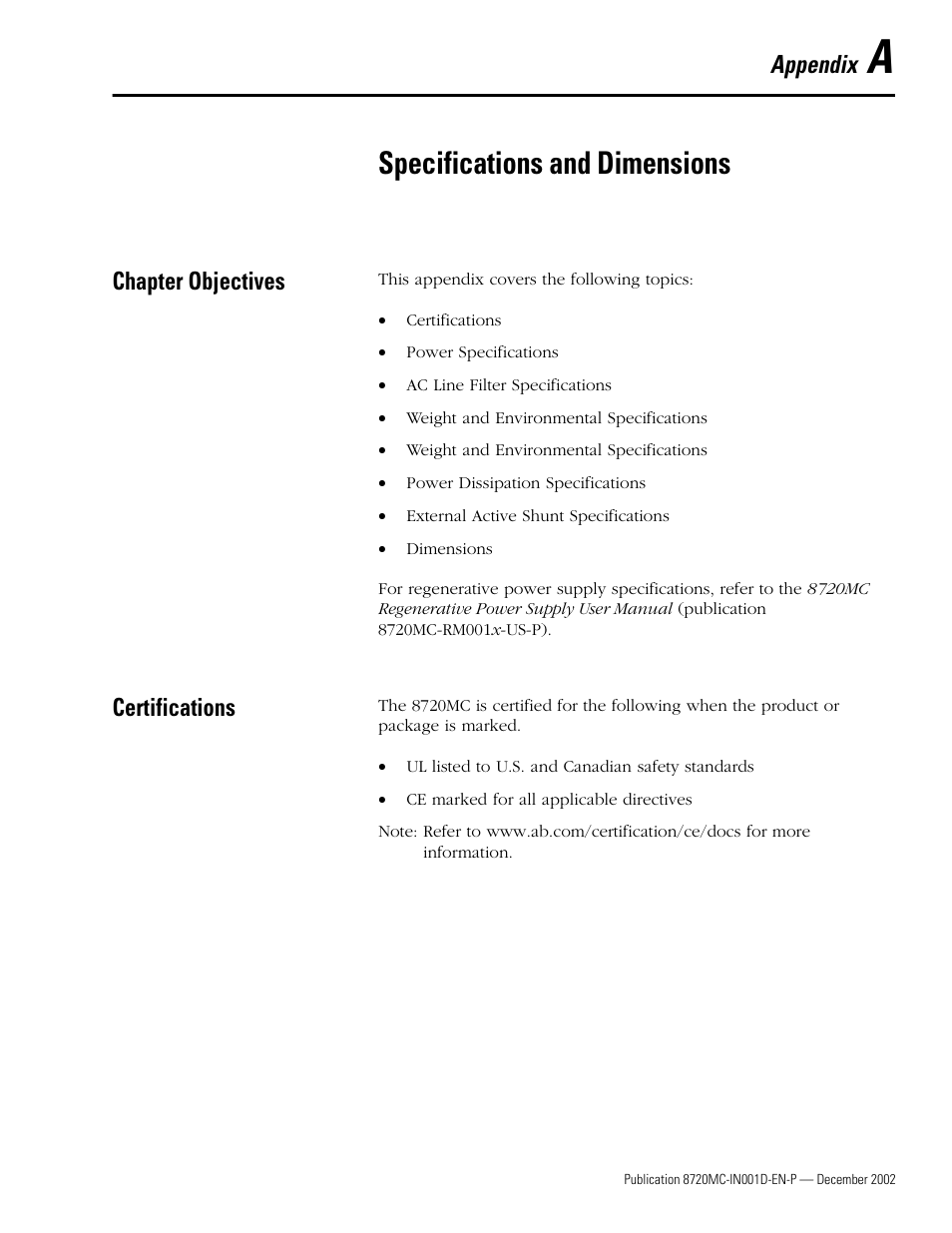 Appendix a - specifications and dimensions, Chapter objectives, Certifications | Appendix a, Specifications and dimensions | Rockwell Automation 8720MC High Performance Drives Installation Manual User Manual | Page 91 / 133