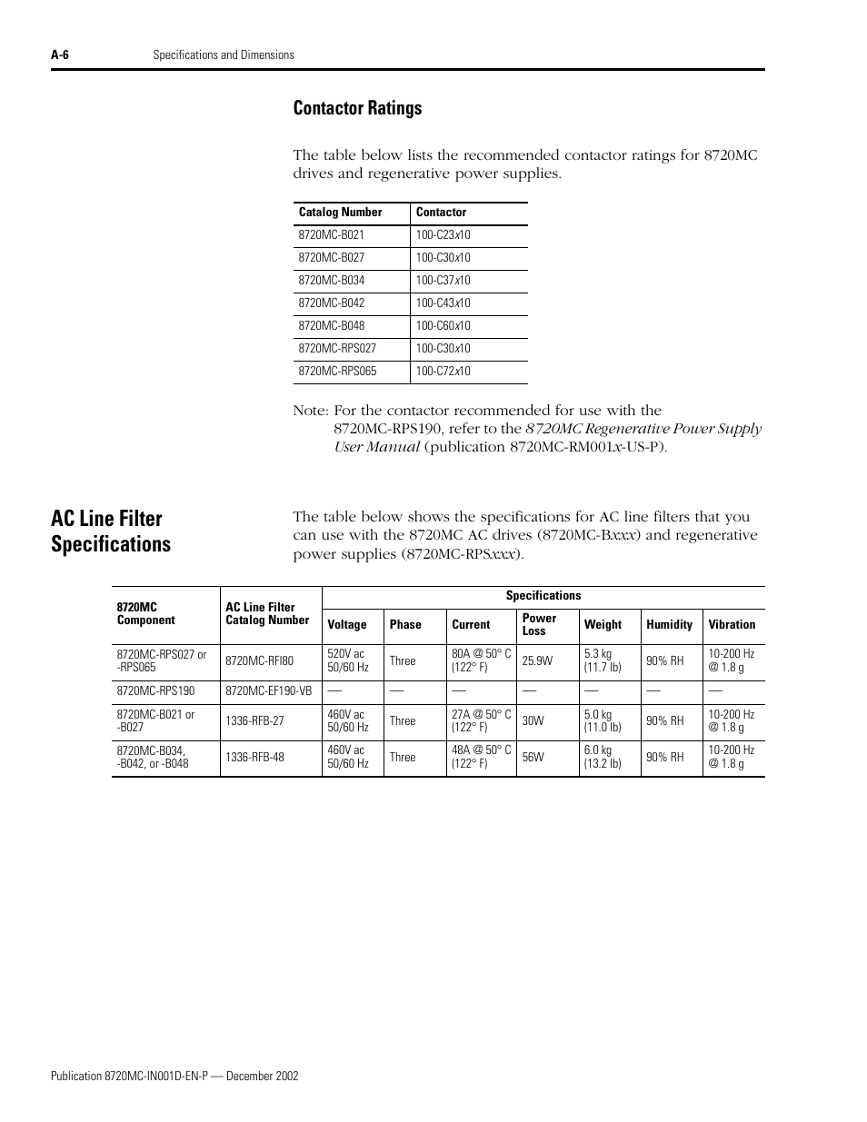 Contactor ratings, Ac line filter specifications | Rockwell Automation 8720MC High Performance Drives Installation Manual User Manual | Page 96 / 133