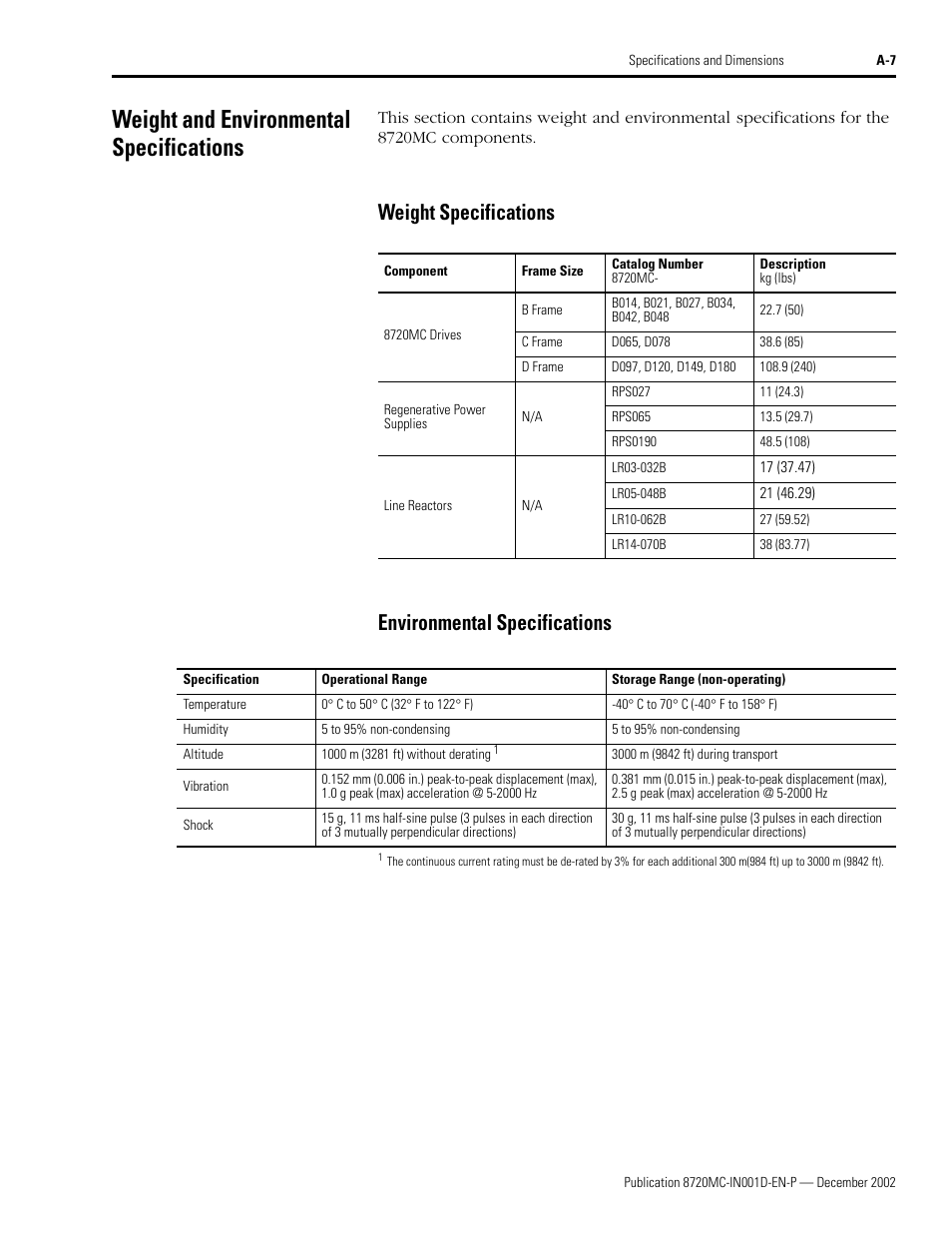 Weight and environmental specifications, Weight specifications, Environmental specifications | Weight specifications environmental specifications | Rockwell Automation 8720MC High Performance Drives Installation Manual User Manual | Page 97 / 133