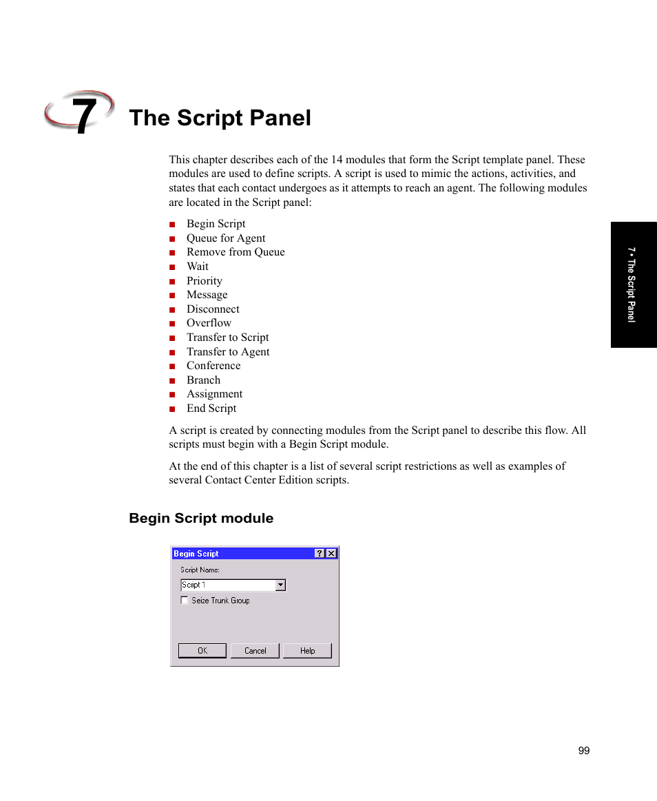 The script panel, Begin script module | Rockwell Automation Arena Contact Center Edition Users Guide User Manual | Page 107 / 204