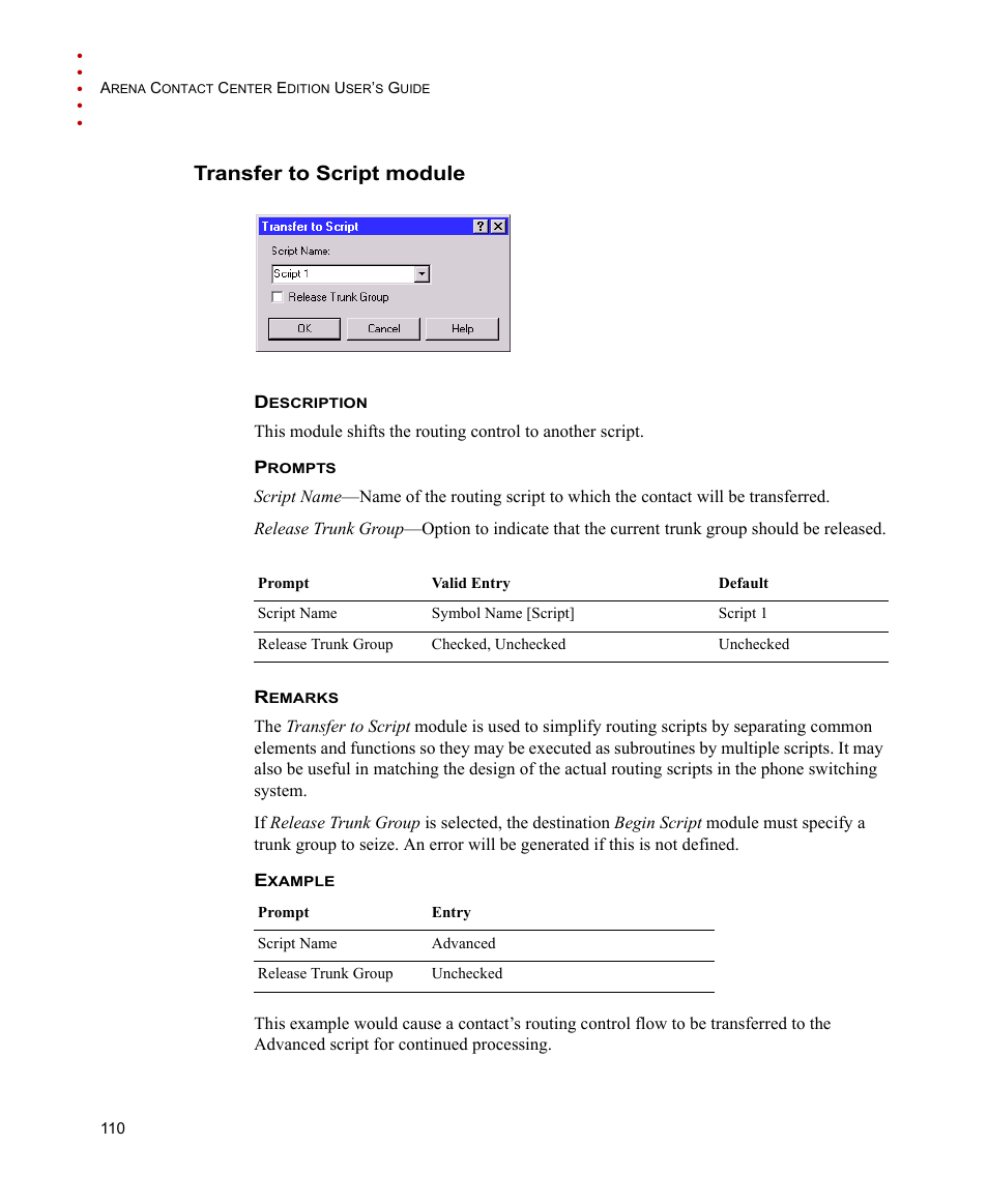 Transfer to script module | Rockwell Automation Arena Contact Center Edition Users Guide User Manual | Page 118 / 204