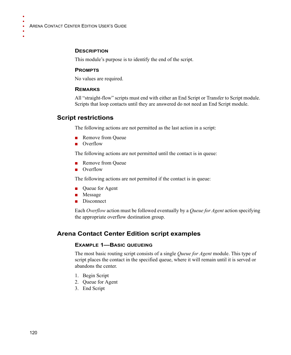Script restrictions, Arena contact center edition script examples | Rockwell Automation Arena Contact Center Edition Users Guide User Manual | Page 128 / 204