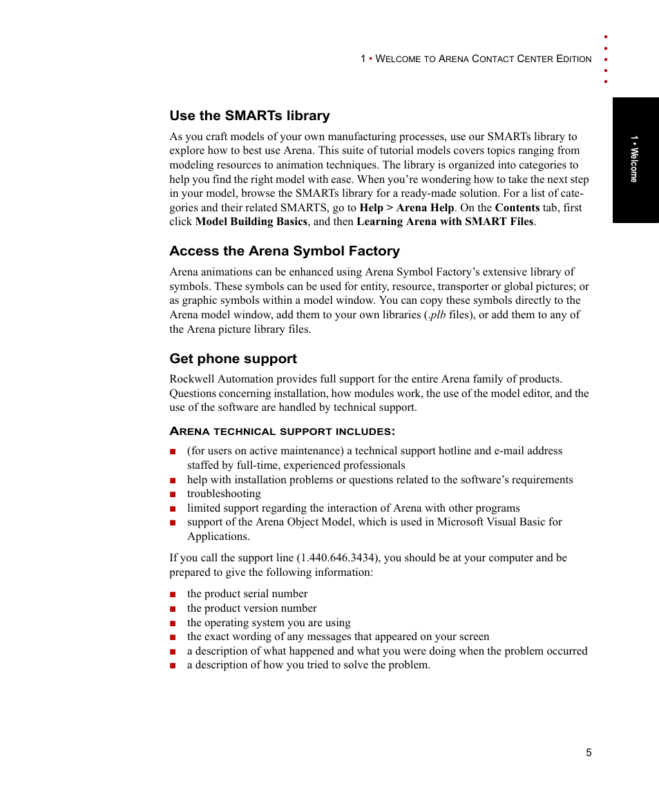 Use the smarts library, Access the arena symbol factory, Get phone support | Rockwell Automation Arena Contact Center Edition Users Guide User Manual | Page 13 / 204