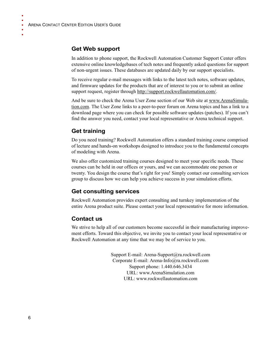 Get web support, Get training, Get consulting services | Contact us | Rockwell Automation Arena Contact Center Edition Users Guide User Manual | Page 14 / 204