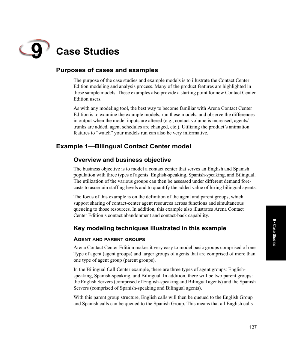 Case studies, Purposes of cases and examples, Example 1-bilingual contact center model | Overview and business objective | Rockwell Automation Arena Contact Center Edition Users Guide User Manual | Page 145 / 204