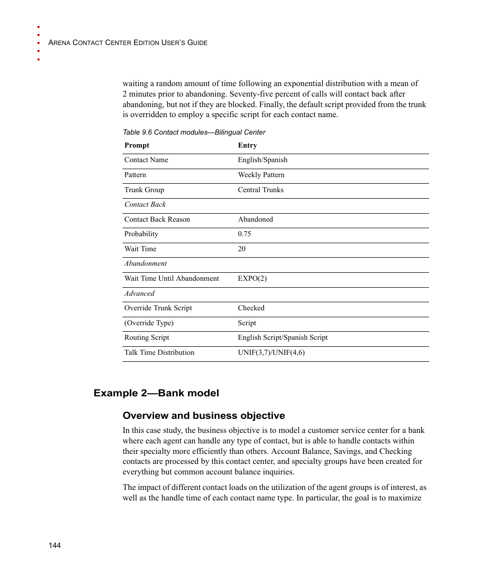 Example 2-bank model, Overview and business objective, Example 2—bank model | Rockwell Automation Arena Contact Center Edition Users Guide User Manual | Page 152 / 204