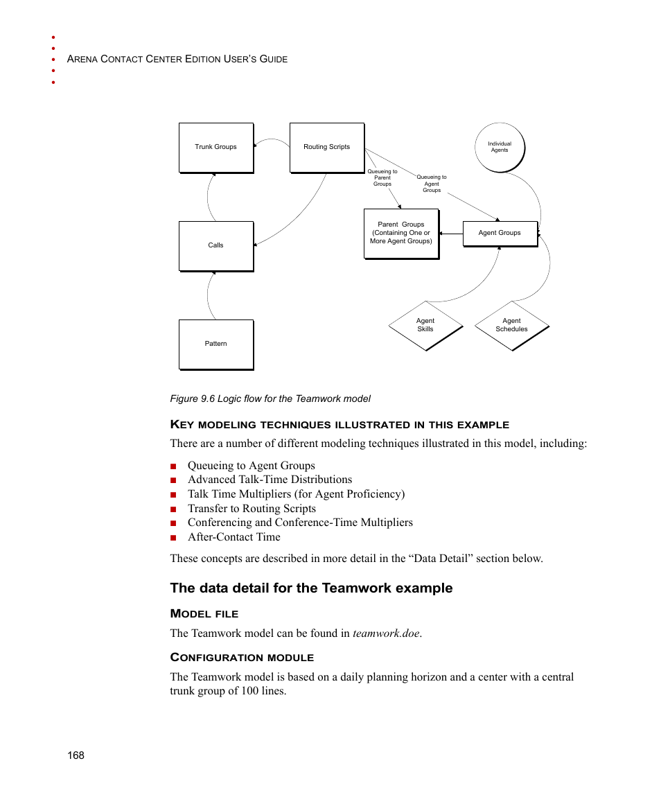 The data detail for the teamwork example, Queueing to agent groups, Advanced talk-time distributions | Talk time multipliers (for agent proficiency), Transfer to routing scripts, Conferencing and conference-time multipliers | Rockwell Automation Arena Contact Center Edition Users Guide User Manual | Page 176 / 204