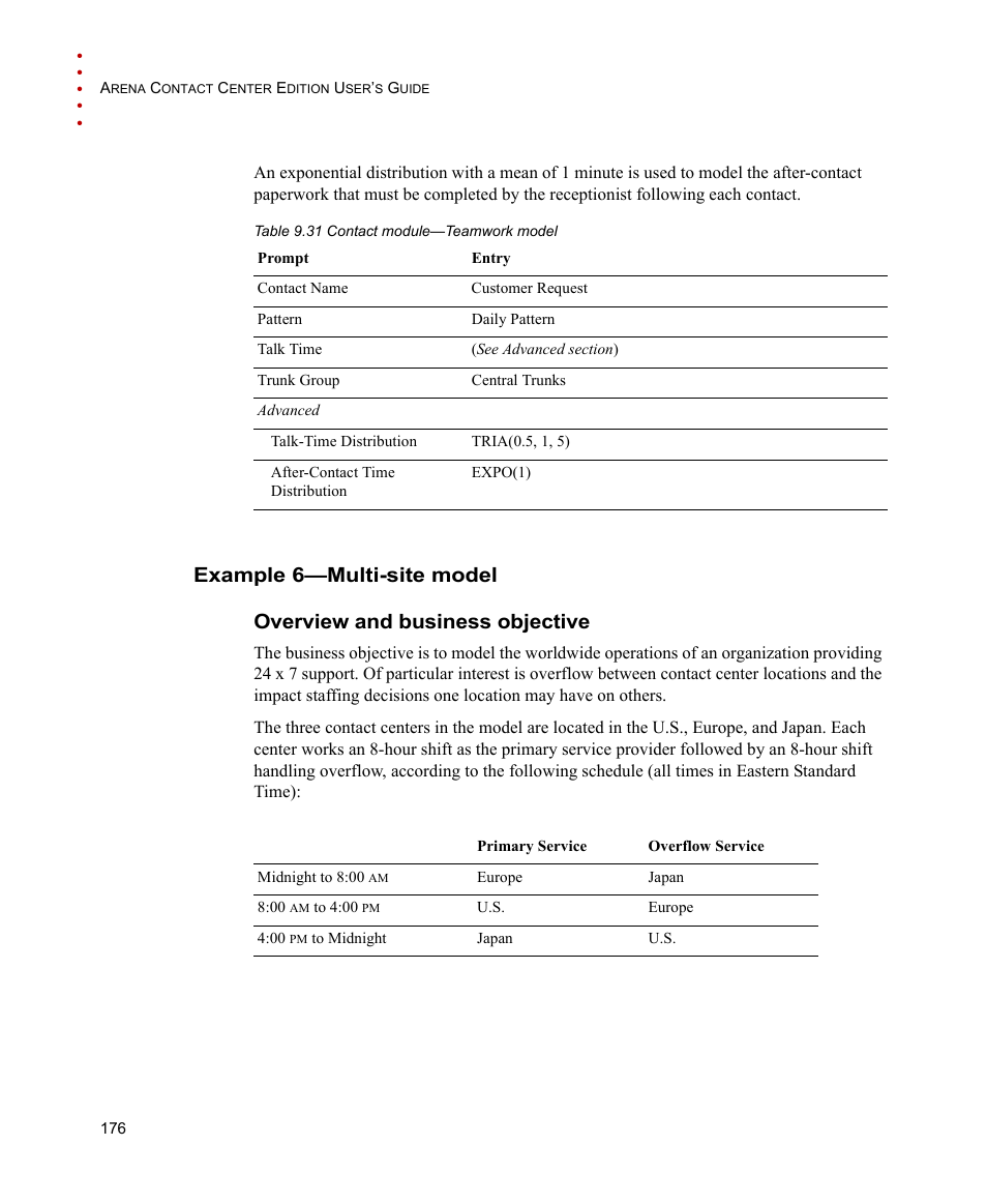 Example 6-multi-site model, Overview and business objective, Example 6—multi-site model | Rockwell Automation Arena Contact Center Edition Users Guide User Manual | Page 184 / 204