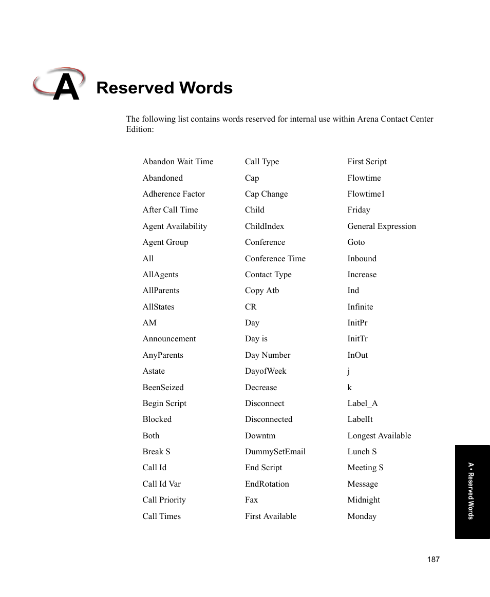 Reserved words | Rockwell Automation Arena Contact Center Edition Users Guide User Manual | Page 195 / 204