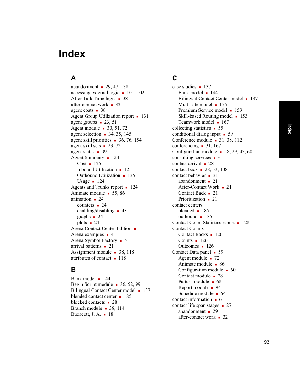 Index | Rockwell Automation Arena Contact Center Edition Users Guide User Manual | Page 201 / 204