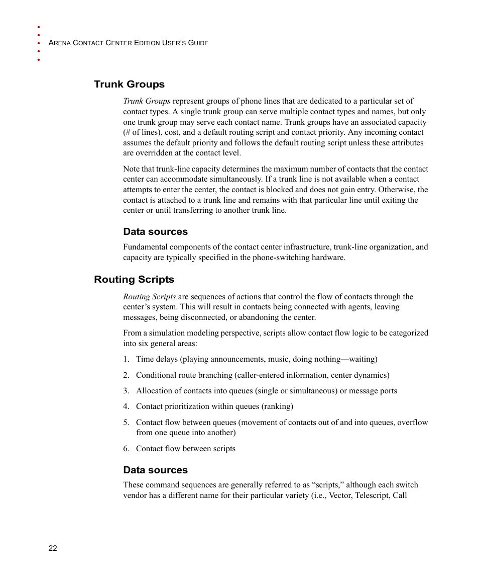 Trunk groups, Data sources, Routing scripts | Rockwell Automation Arena Contact Center Edition Users Guide User Manual | Page 30 / 204