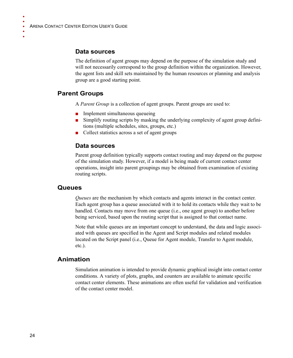 Data sources, Parent groups, Queues | Animation, Queues animation | Rockwell Automation Arena Contact Center Edition Users Guide User Manual | Page 32 / 204