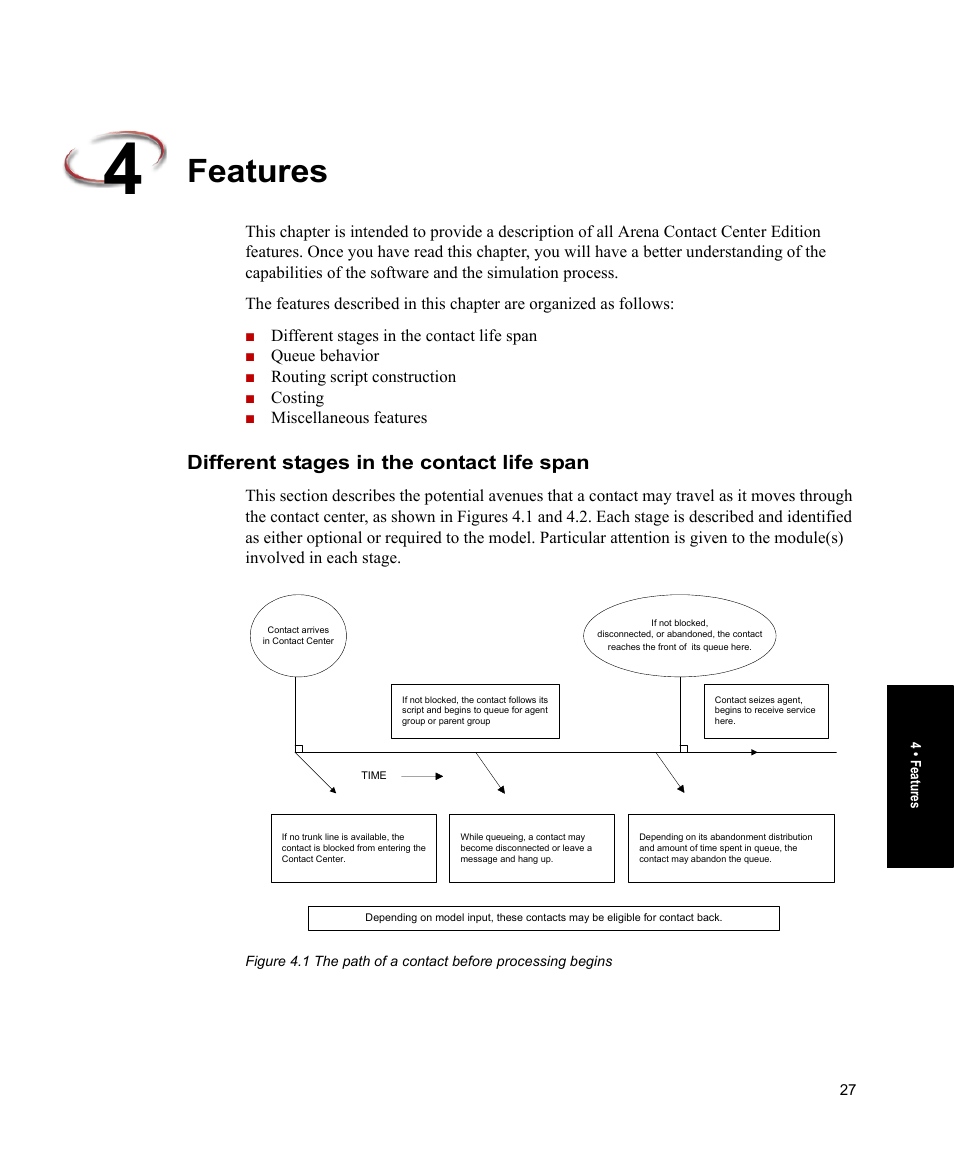 Features, Different stages in the contact life span | Rockwell Automation Arena Contact Center Edition Users Guide User Manual | Page 35 / 204