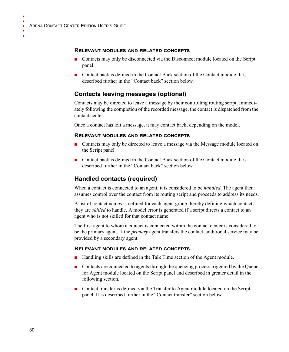 Contacts leaving messages (optional), Handled contacts (required) | Rockwell Automation Arena Contact Center Edition Users Guide User Manual | Page 38 / 204