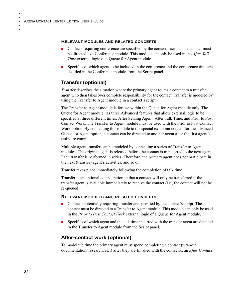 Transfer (optional), After-contact work (optional), Transfer (optional) after-contact work (optional) | Rockwell Automation Arena Contact Center Edition Users Guide User Manual | Page 40 / 204