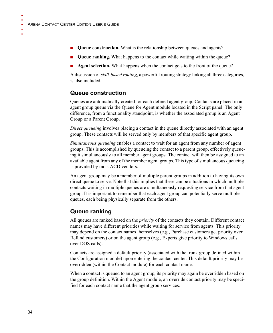 Queue construction, Queue ranking, Queue construction queue ranking | Rockwell Automation Arena Contact Center Edition Users Guide User Manual | Page 42 / 204