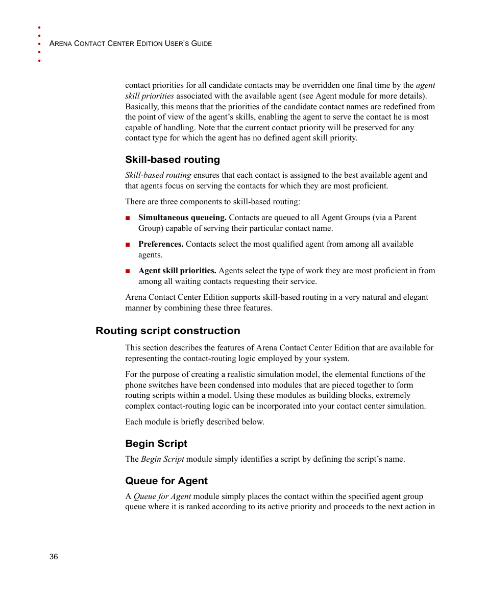 Skill-based routing, Routing script construction, Begin script | Queue for agent, Begin script queue for agent | Rockwell Automation Arena Contact Center Edition Users Guide User Manual | Page 44 / 204