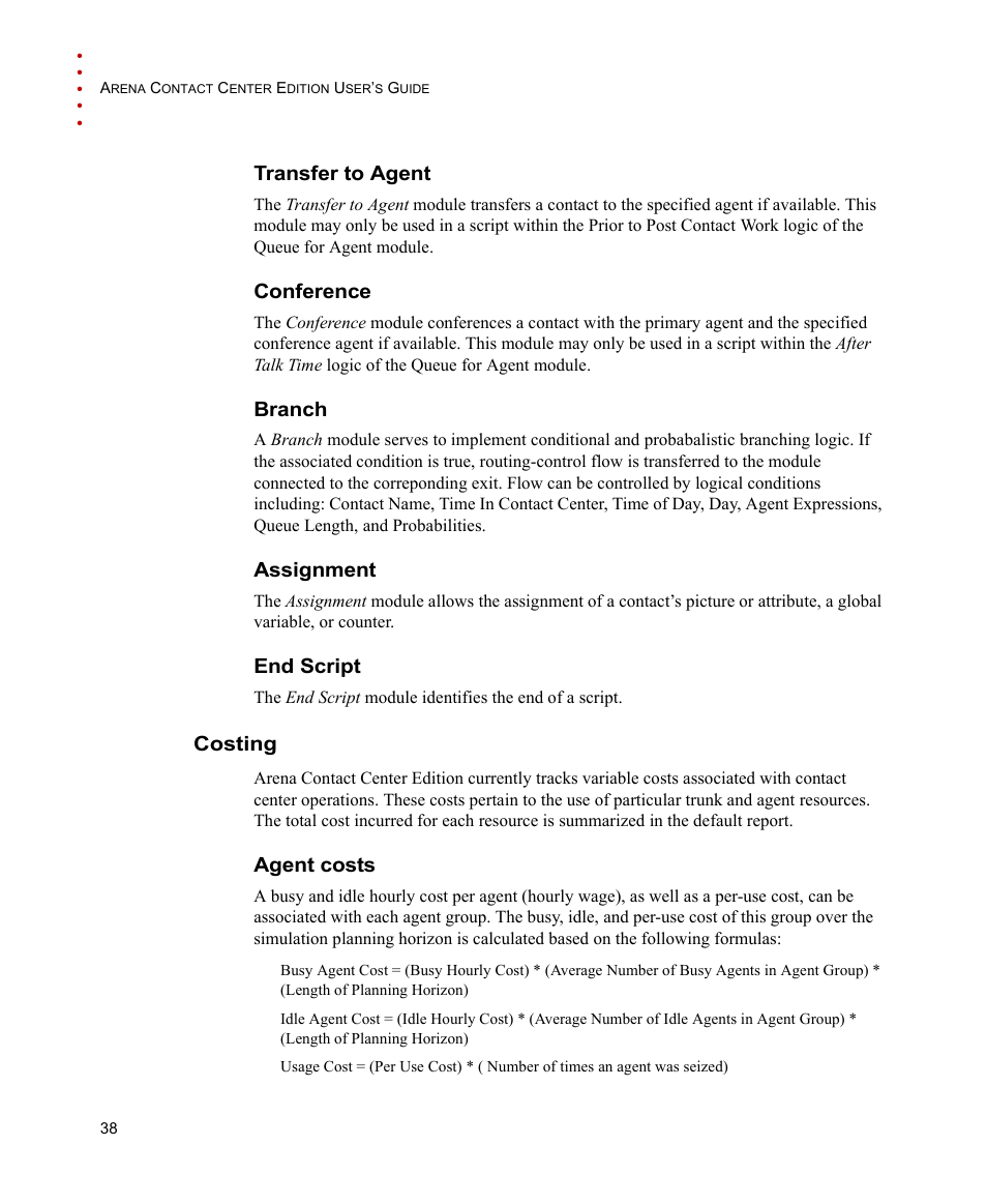Transfer to agent, Conference, Branch | Assignment, End script, Costing, Agent costs | Rockwell Automation Arena Contact Center Edition Users Guide User Manual | Page 46 / 204
