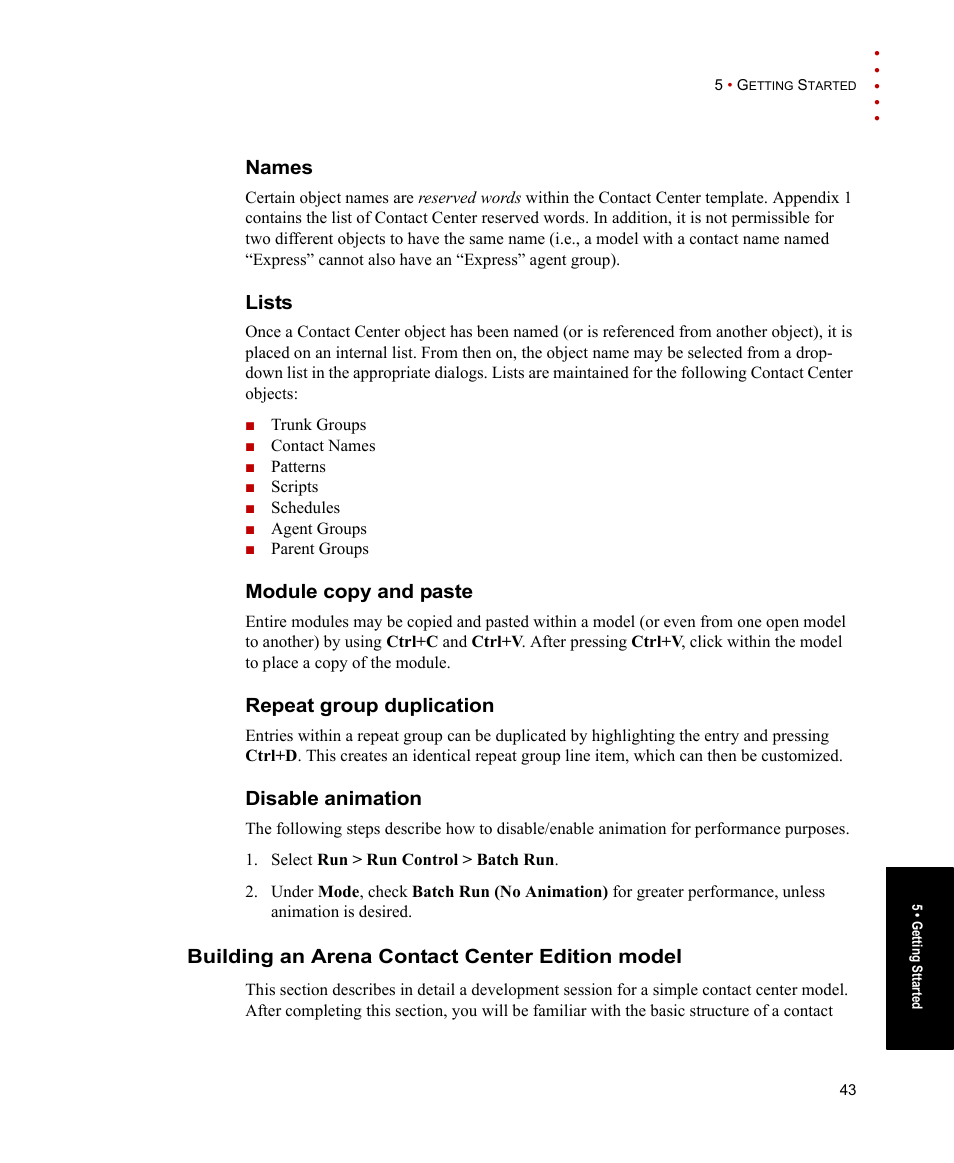 Names, Lists, Module copy and paste | Repeat group duplication, Disable animation, Building an arena contact center edition model | Rockwell Automation Arena Contact Center Edition Users Guide User Manual | Page 51 / 204