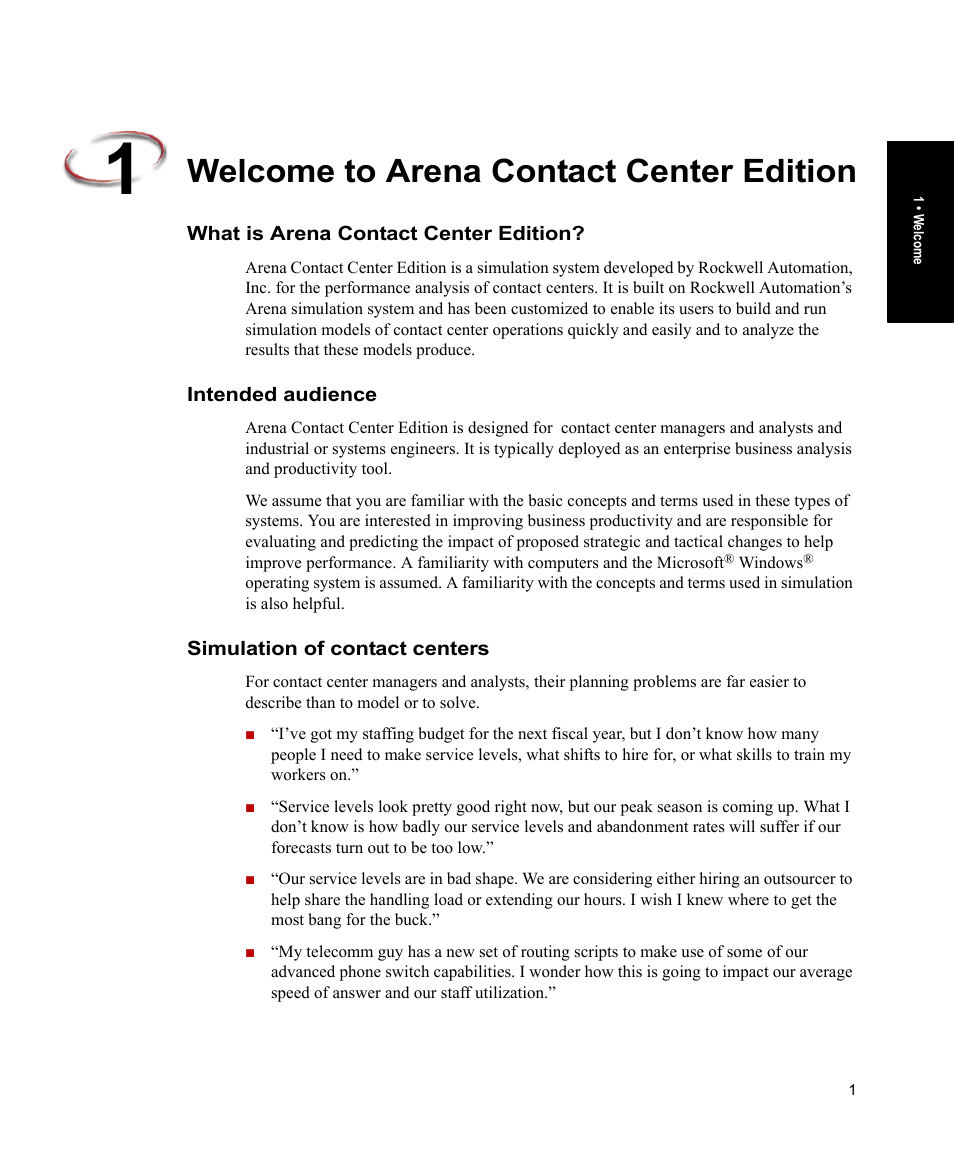 Welcome to arena contact center edition, What is arena contact center edition, Intended audience | Simulation of contact centers | Rockwell Automation Arena Contact Center Edition Users Guide User Manual | Page 9 / 204