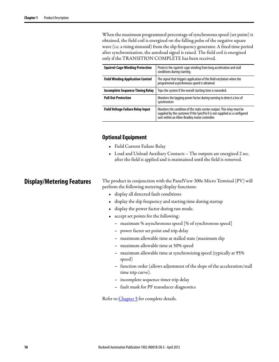 Optional equipment, Display/metering features | Rockwell Automation 1902 Syncpro II User Manual | Page 10 / 58