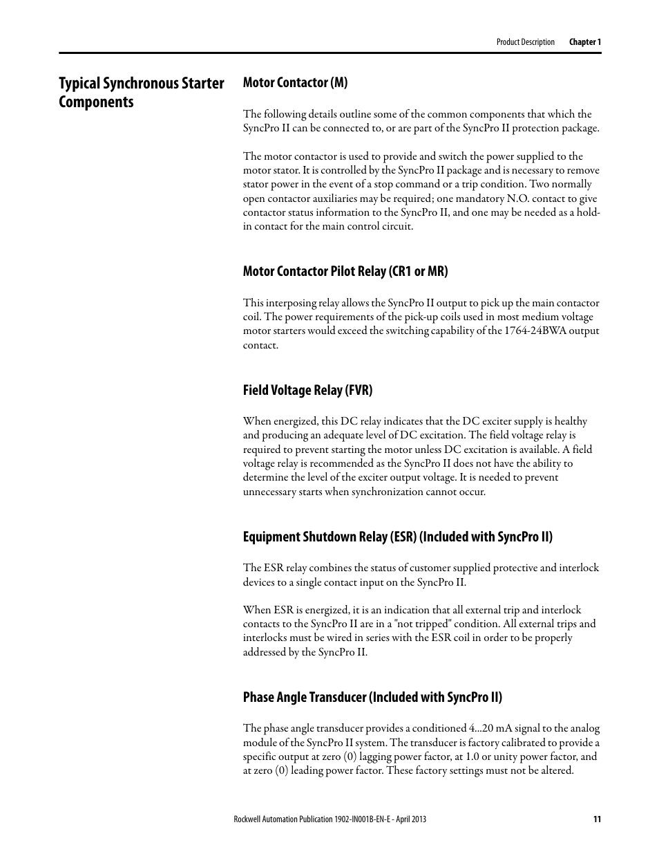 Typical synchronous starter components, Motor contactor (m), Motor contactor pilot relay (cr1 or mr) | Field voltage relay (fvr), Phase angle transducer (included with syncpro ii) | Rockwell Automation 1902 Syncpro II User Manual | Page 11 / 58