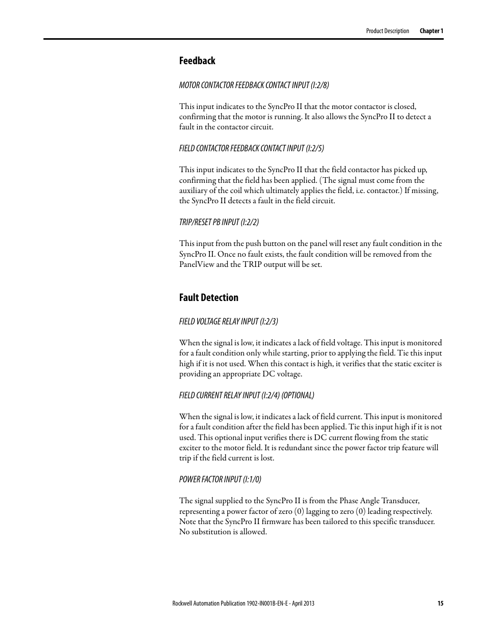 Feedback, Fault detection, Feedback fault detection | Rockwell Automation 1902 Syncpro II User Manual | Page 15 / 58