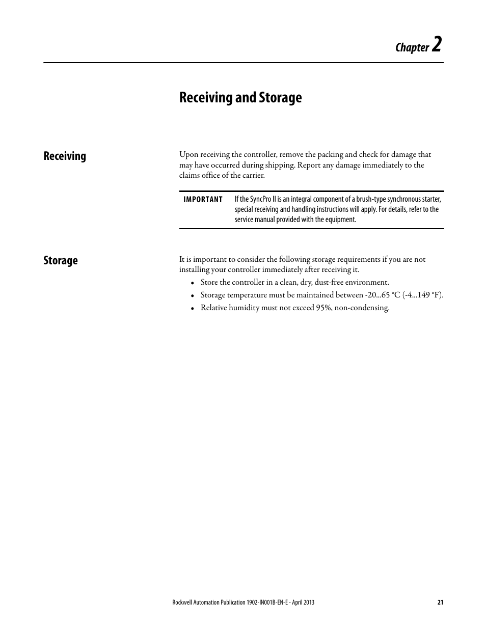 2 - receiving and storage, Receiving, Storage | Chapter 2, Receiving and storage, Receiving storage | Rockwell Automation 1902 Syncpro II User Manual | Page 19 / 58