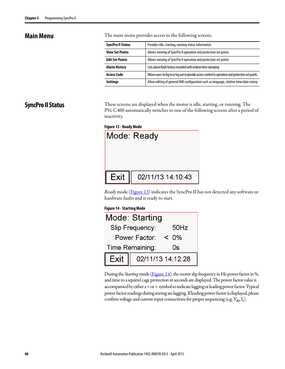 Main menu, Syncpro ii status, Main menu syncpro ii status | Rockwell Automation 1902 Syncpro II User Manual | Page 38 / 58