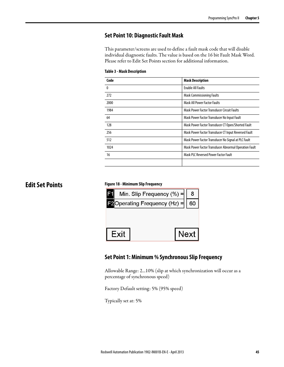 Set point 10: diagnostic fault mask, Edit set points, Set point 1: minimum % synchronous slip frequency | Rockwell Automation 1902 Syncpro II User Manual | Page 43 / 58