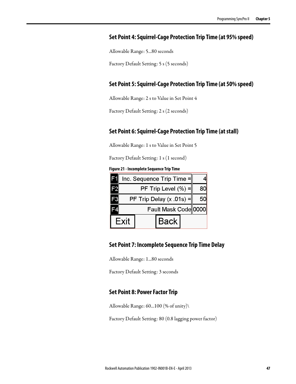 Set point 7: incomplete sequence trip time delay, Set point 8: power factor trip | Rockwell Automation 1902 Syncpro II User Manual | Page 45 / 58