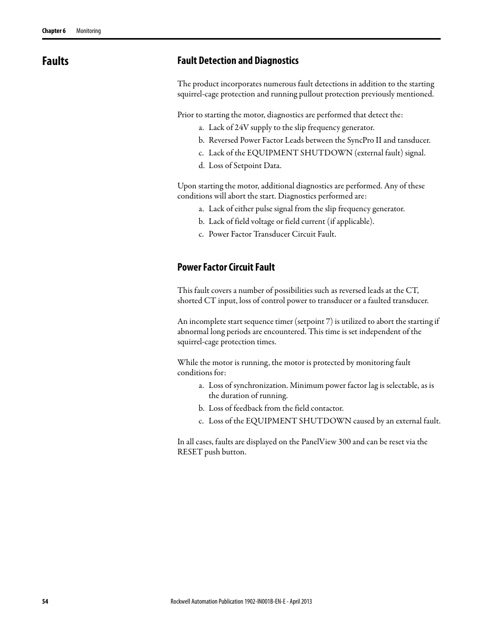 Faults, Fault detection and diagnostics, Power factor circuit fault | Rockwell Automation 1902 Syncpro II User Manual | Page 52 / 58