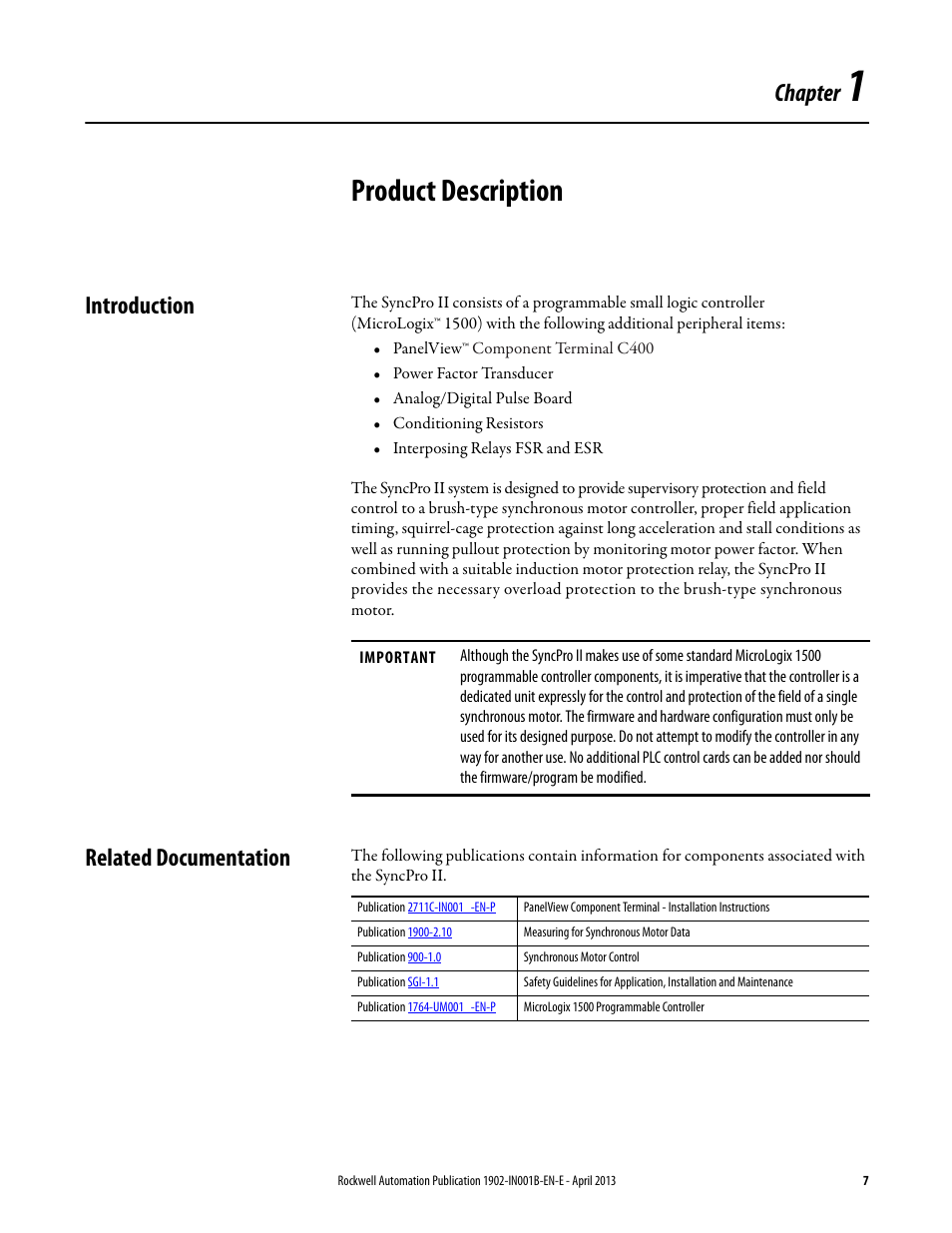 1 - product description, Introduction, Related documentation | Chapter 1, Product description, Introduction related documentation, Chapter | Rockwell Automation 1902 Syncpro II User Manual | Page 7 / 58