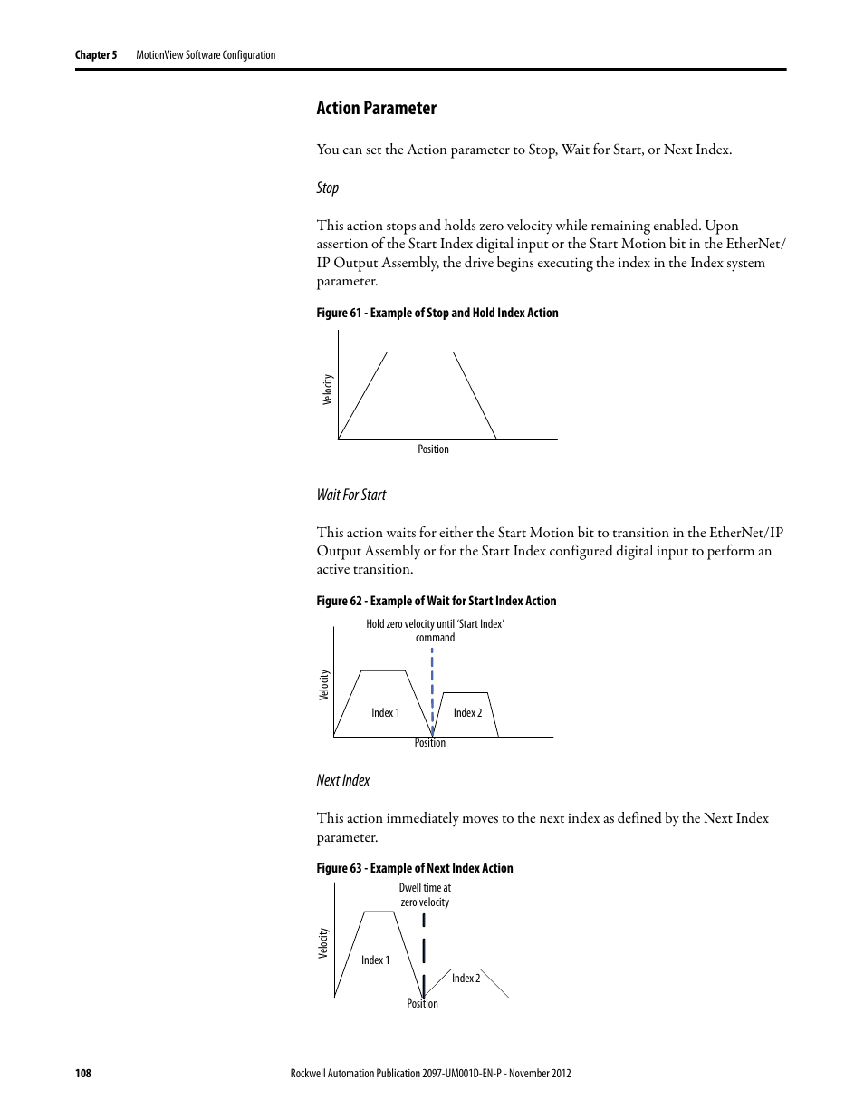 Action parameter, Stop, Wait for start | Next index | Rockwell Automation 2097-Vxxx Kinetix 300 EtherNet/IP Indexing Servo Drive User Manual User Manual | Page 108 / 230