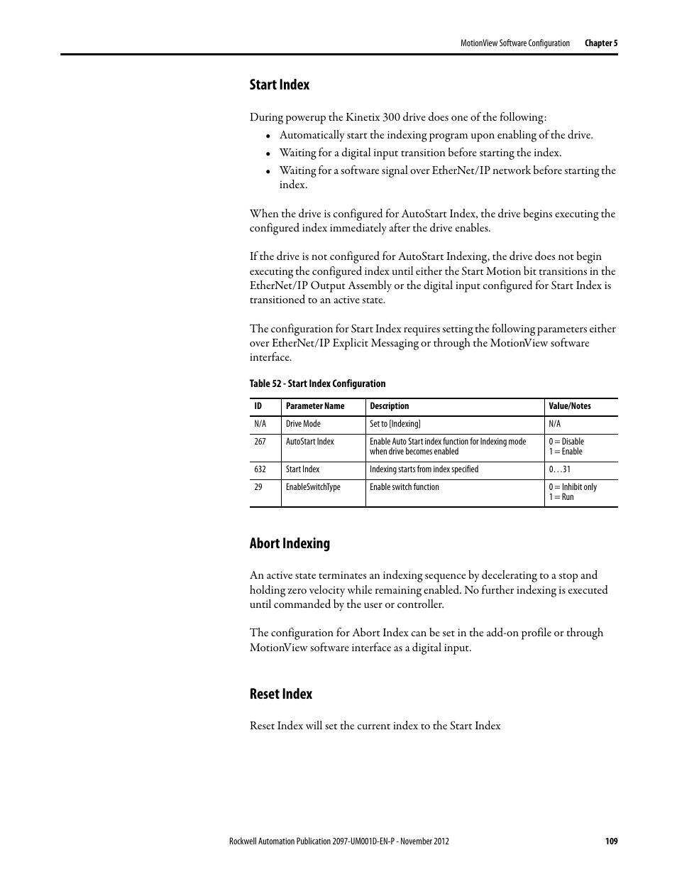 Start index, Abort indexing, Reset index | Start index abort indexing reset index | Rockwell Automation 2097-Vxxx Kinetix 300 EtherNet/IP Indexing Servo Drive User Manual User Manual | Page 109 / 230