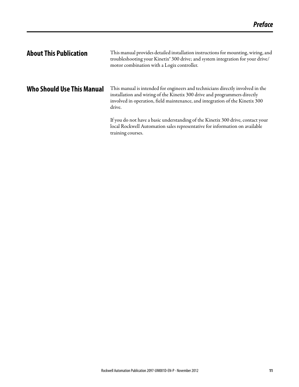 Preface, About this publication, Who should use this manual | About this publication who should use this manual, Preface about this publication | Rockwell Automation 2097-Vxxx Kinetix 300 EtherNet/IP Indexing Servo Drive User Manual User Manual | Page 11 / 230