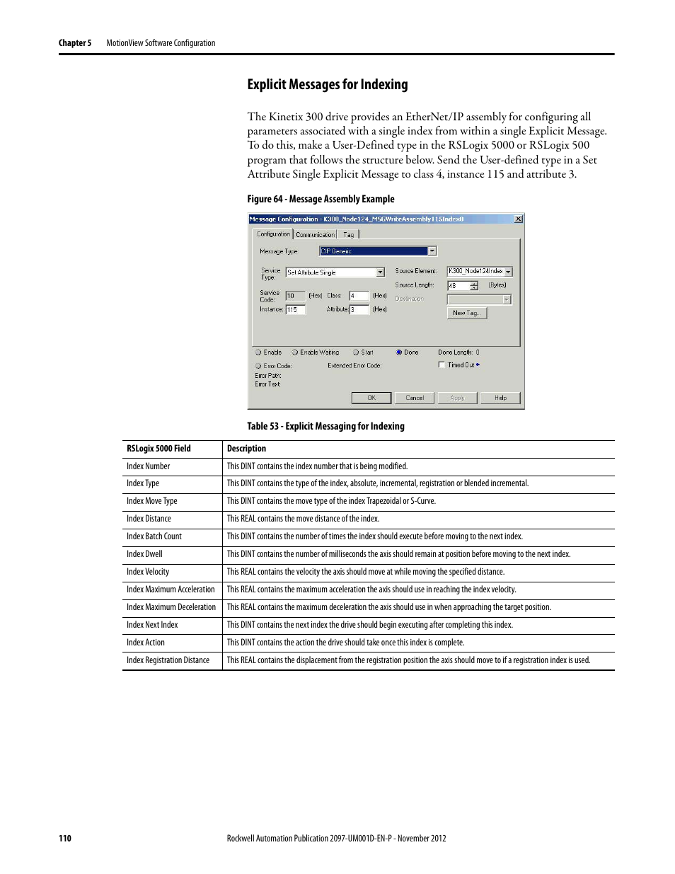 Explicit messages for indexing | Rockwell Automation 2097-Vxxx Kinetix 300 EtherNet/IP Indexing Servo Drive User Manual User Manual | Page 110 / 230