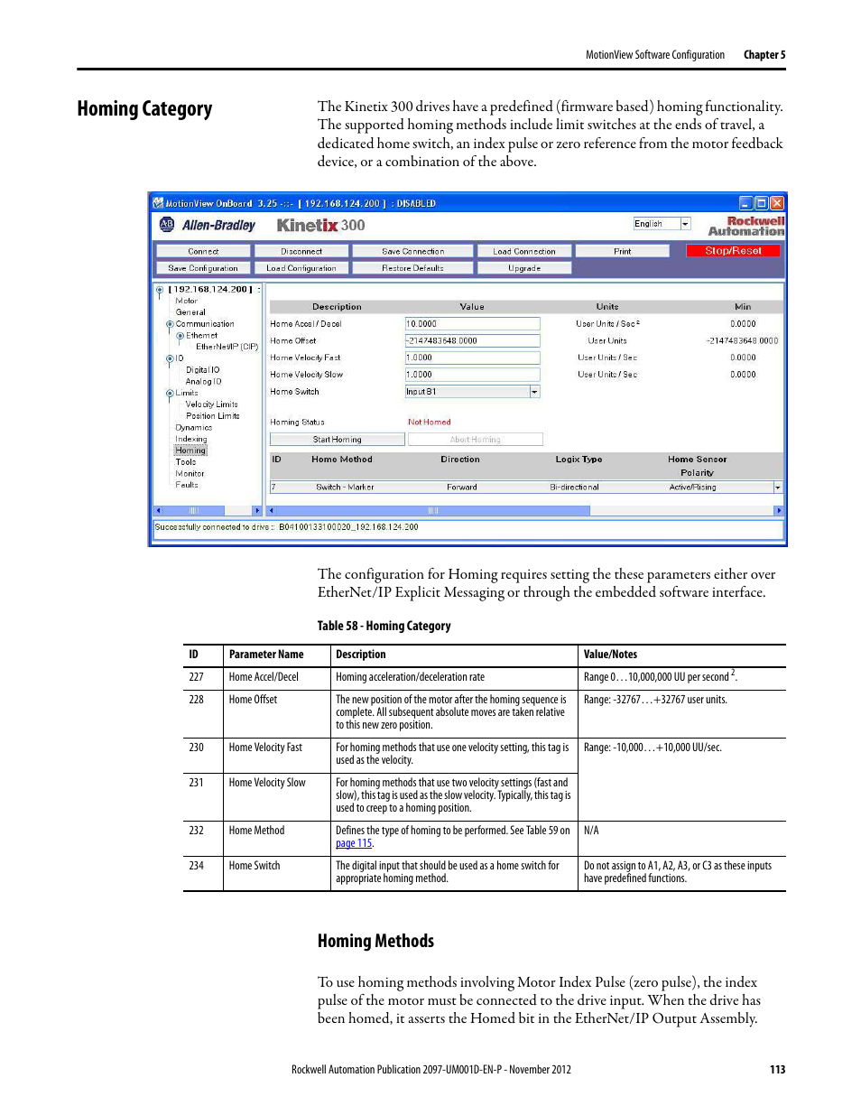 Homing category, Homing methods | Rockwell Automation 2097-Vxxx Kinetix 300 EtherNet/IP Indexing Servo Drive User Manual User Manual | Page 113 / 230