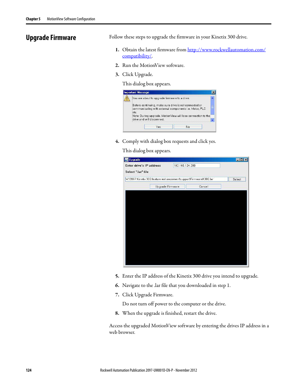 Upgrade firmware | Rockwell Automation 2097-Vxxx Kinetix 300 EtherNet/IP Indexing Servo Drive User Manual User Manual | Page 124 / 230