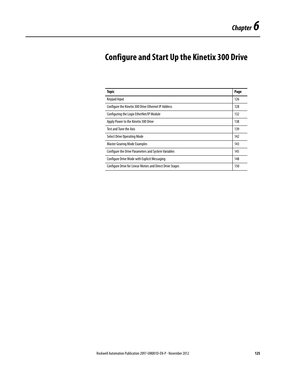 Chapter 6, Configure and start up the kinetix 300 drive, Chapter | Rockwell Automation 2097-Vxxx Kinetix 300 EtherNet/IP Indexing Servo Drive User Manual User Manual | Page 125 / 230