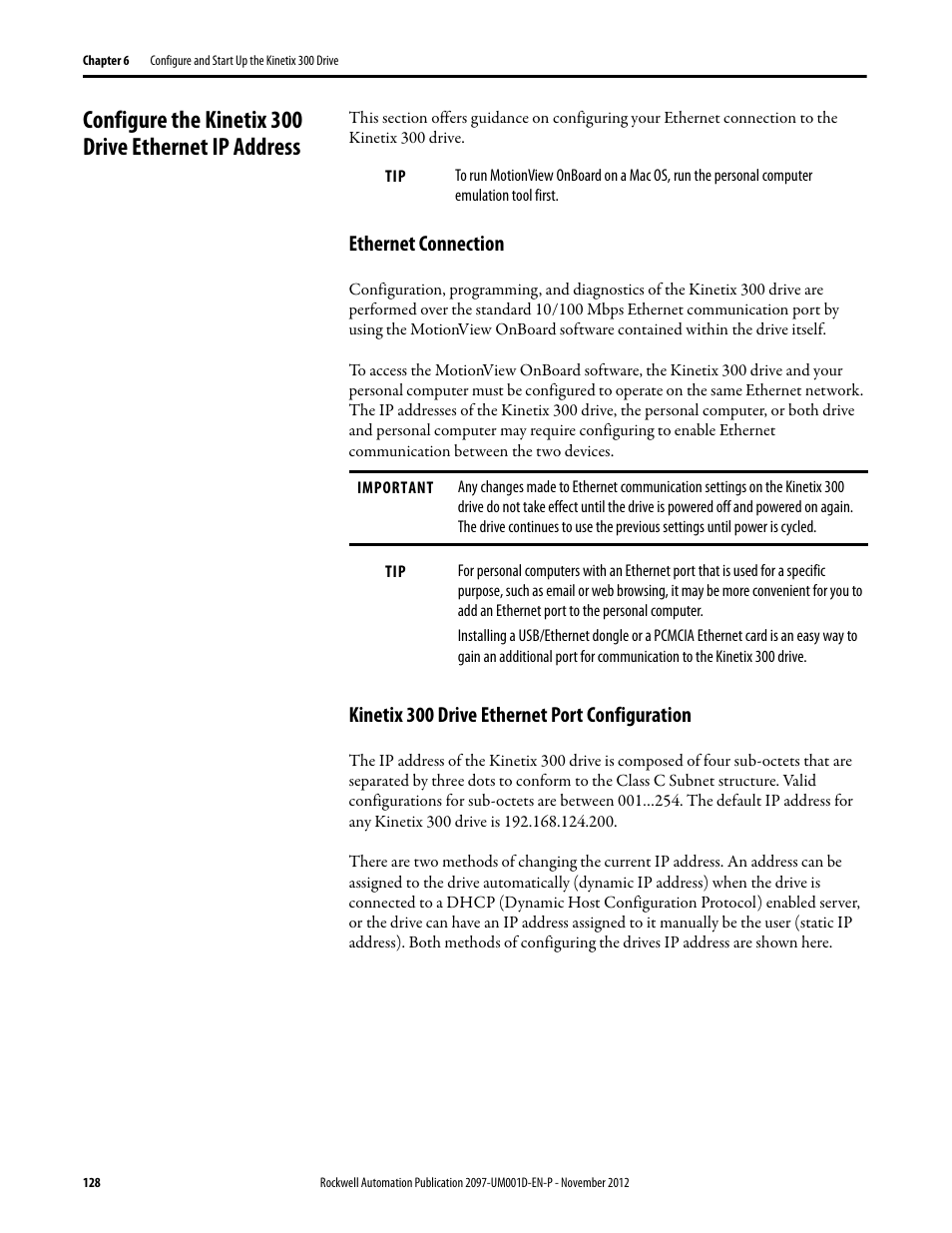 Ethernet connection, Kinetix 300 drive ethernet port configuration | Rockwell Automation 2097-Vxxx Kinetix 300 EtherNet/IP Indexing Servo Drive User Manual User Manual | Page 128 / 230