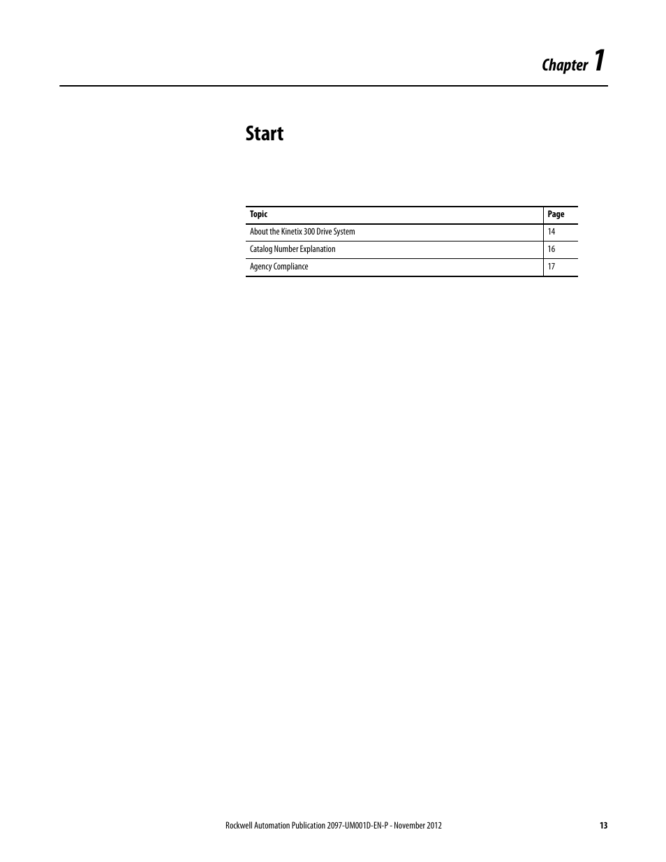 Chapter 1, Start, Chapter | Rockwell Automation 2097-Vxxx Kinetix 300 EtherNet/IP Indexing Servo Drive User Manual User Manual | Page 13 / 230