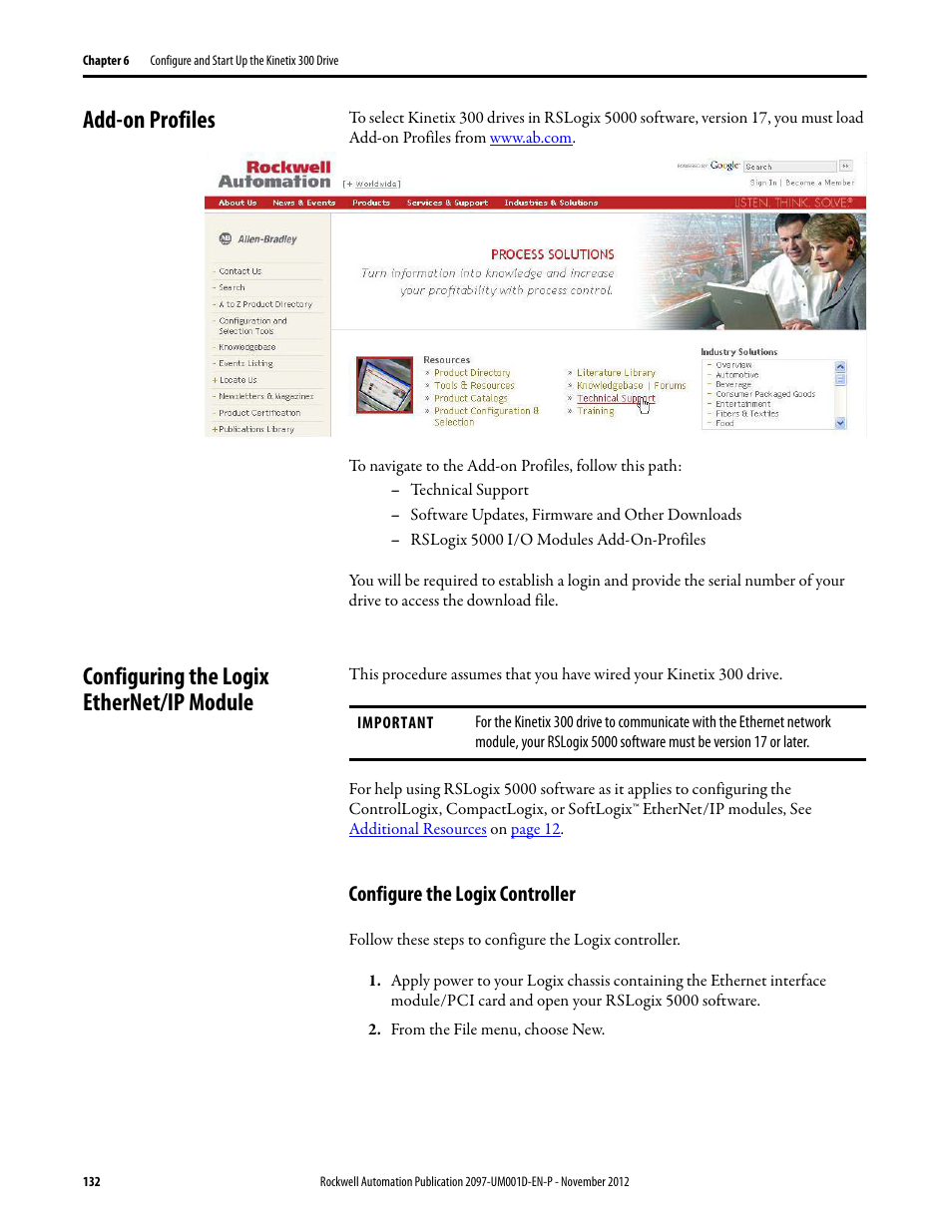 Add-on profiles, Configuring the logix ethernet/ip module, Configure the logix controller | Rockwell Automation 2097-Vxxx Kinetix 300 EtherNet/IP Indexing Servo Drive User Manual User Manual | Page 132 / 230
