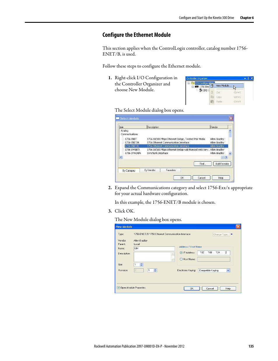 Configure the ethernet module | Rockwell Automation 2097-Vxxx Kinetix 300 EtherNet/IP Indexing Servo Drive User Manual User Manual | Page 135 / 230